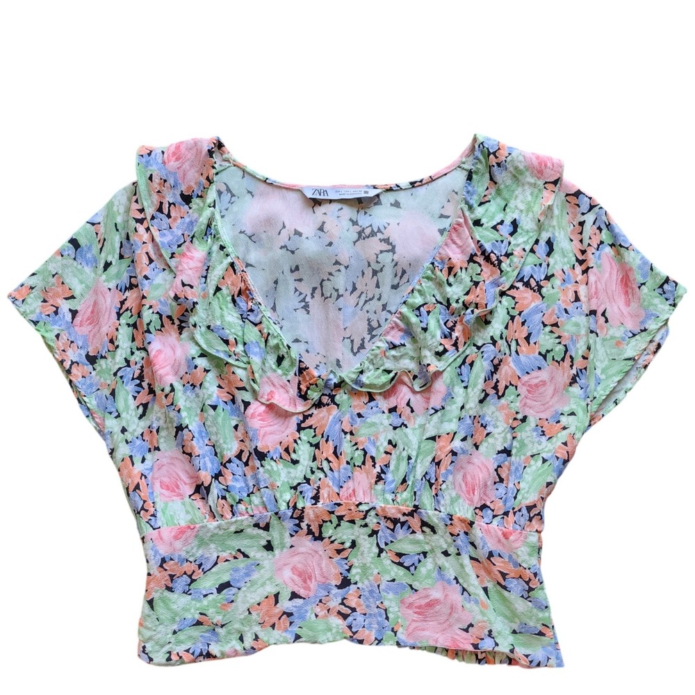Zara Womens Top Cottagecore Green Pink Floral‎ Ruffle Smocked V-Neck Top Large